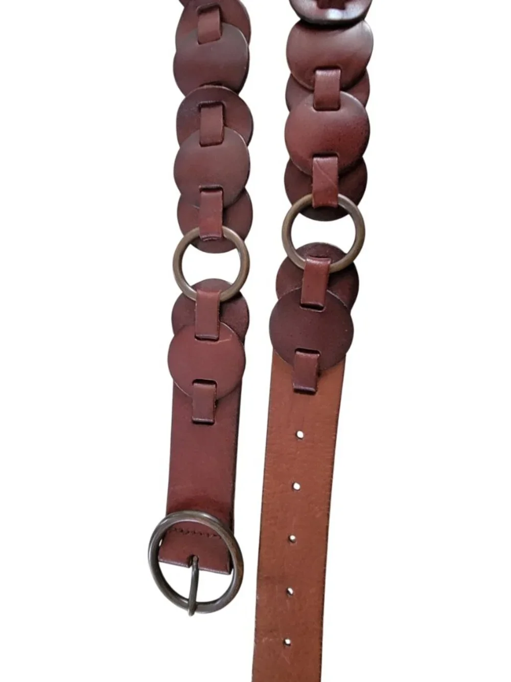 Vintage Fossil Genuine Leather Linked Disc Belt Brown 90s Y2K Boho Western